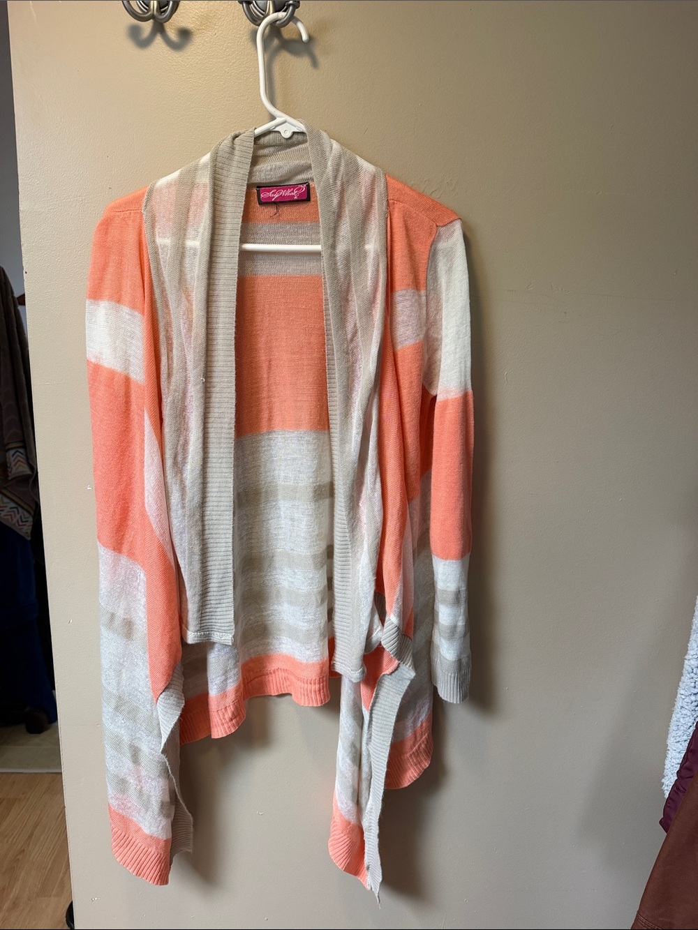 Style & Co. Coral and Cream Striped Open-Front Cardigan